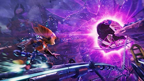 Character in futuristic setting with purple rift.