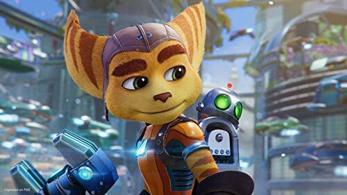 Animated characters Ratchet and Clank in a futuristic cityscape.